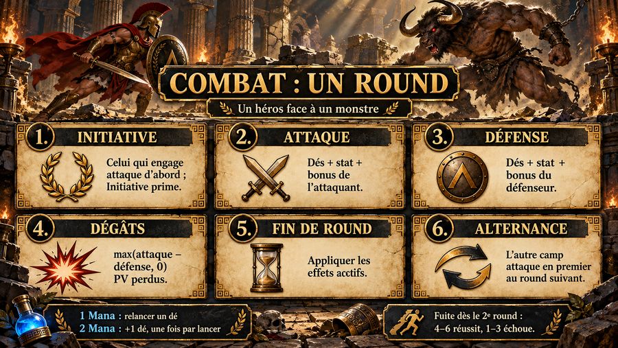 Les six temps d'un round de combat, avec le coût en Mana des relances et la fuite