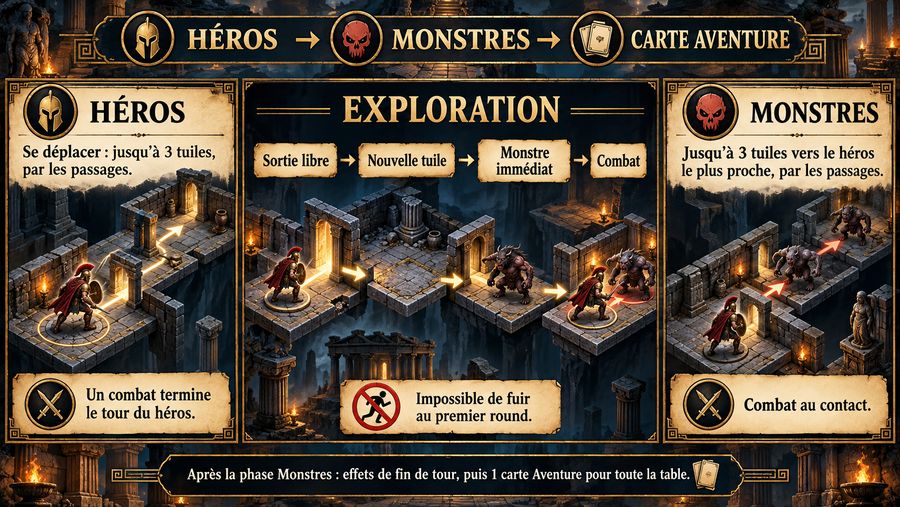 Le tour de jeu : phase Héros, phase Monstres, puis une carte Aventure pour toute la table
